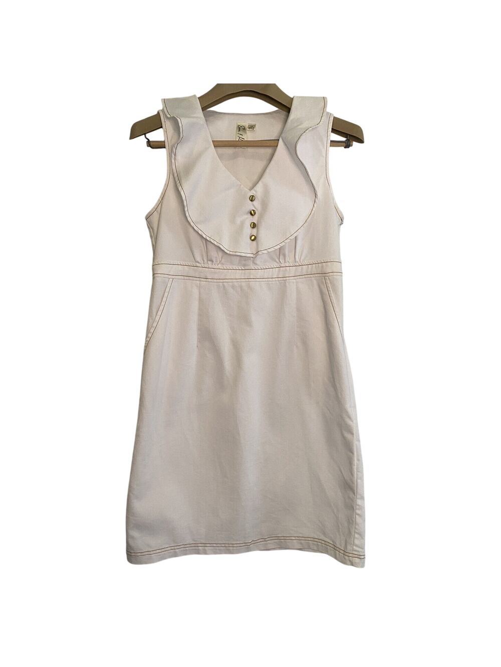 Emma & Michele White Sleeveless Dress Size 10 Ruffle Neck Gold Accents Pockets